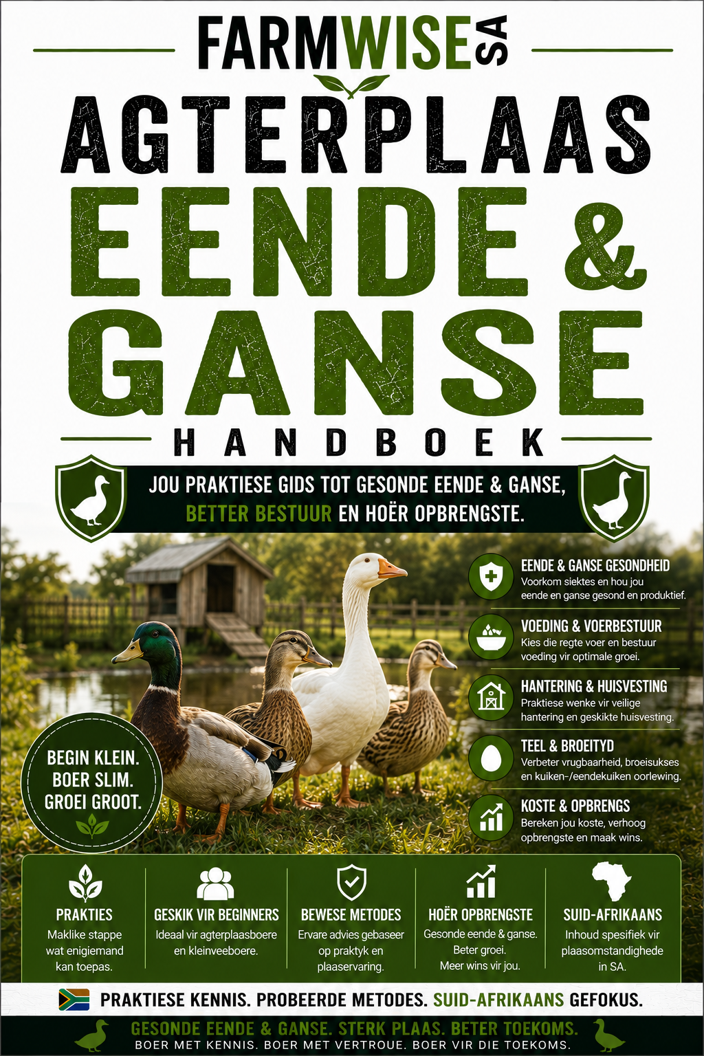 Agterplaas Eende & Ganse Handboek — Jou Eerste Trop – front cover, FarmWise SA digital farming handbook