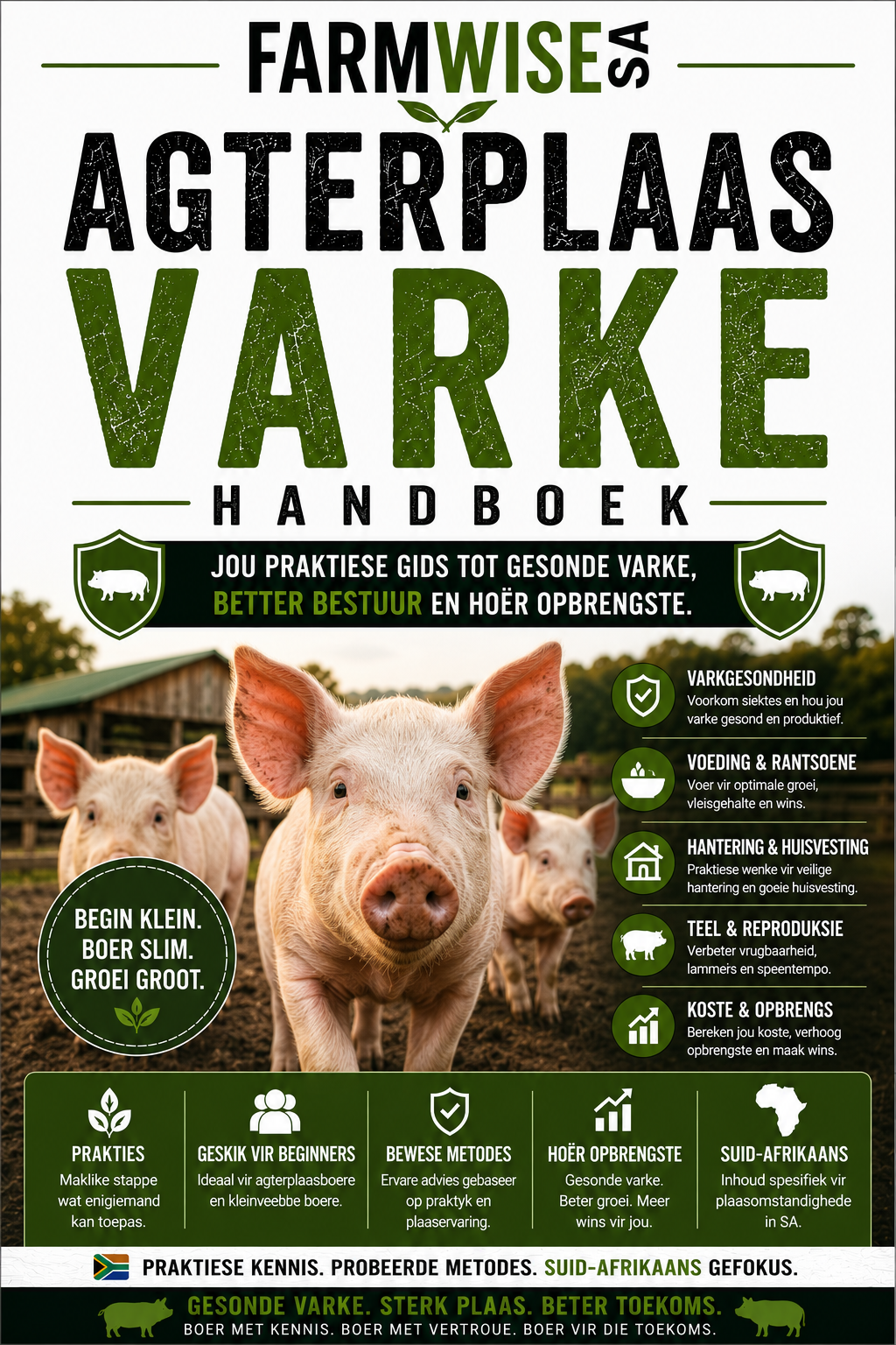 Agterplaas Varke Handboek — Jou Eerste Trop – front cover, FarmWise SA digital farming handbook