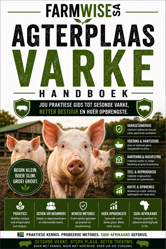 Agterplaas Varke Handboek — Jou Eerste Trop – front cover, FarmWise SA digital farming handbook