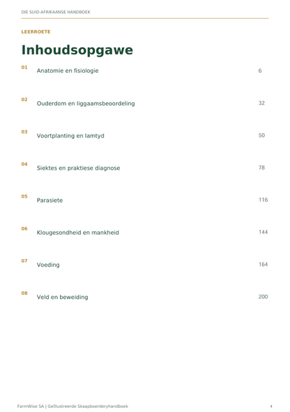Inhoudsopgawe hoofstukke 1-8 - Geïllustreerde Skaapboerdery Handboek