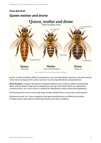 Bee Farming handbook sample page 53: queen, worker and drone comparison