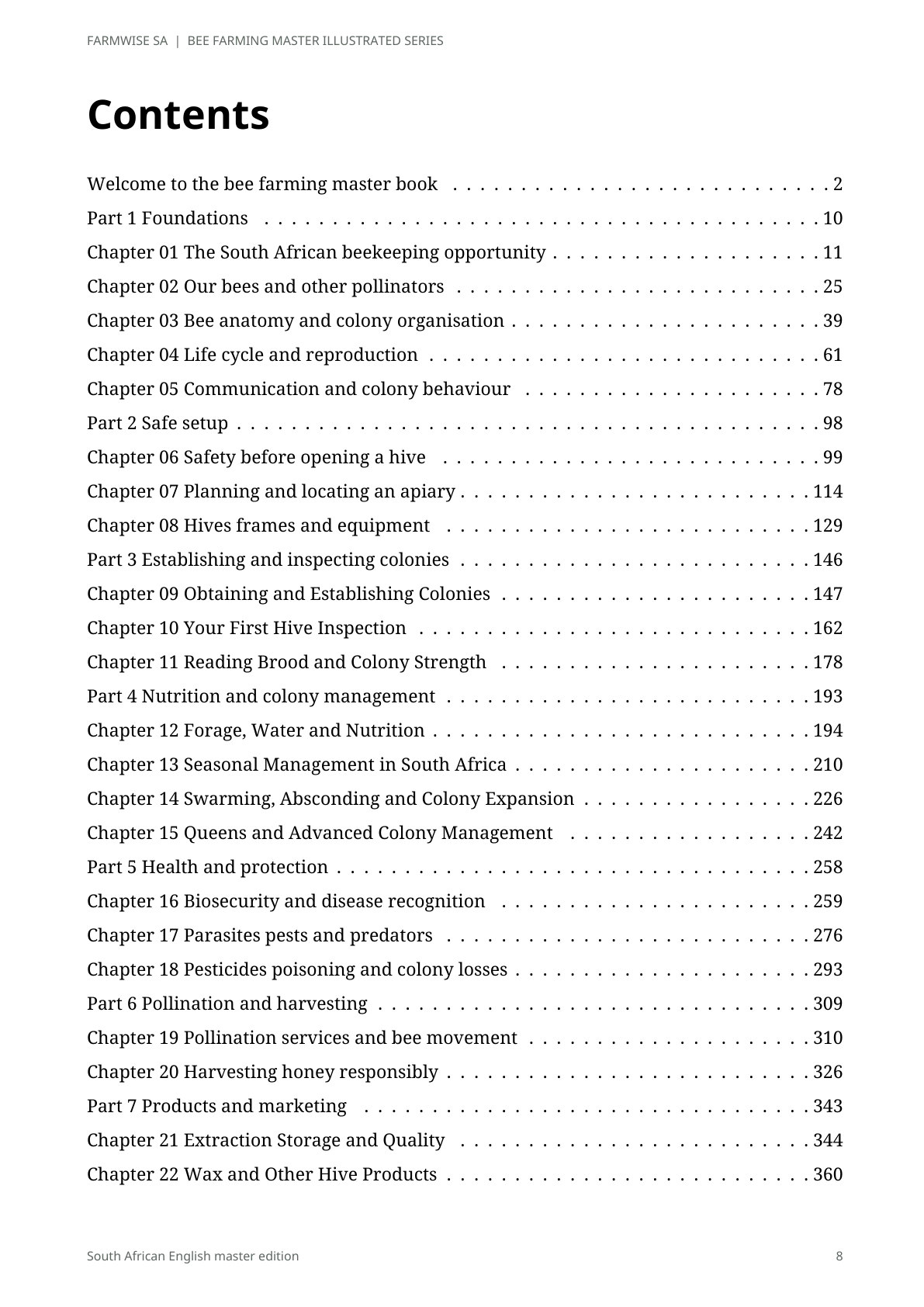 Bee Farming handbook sample page 8: contents and chapter topics
