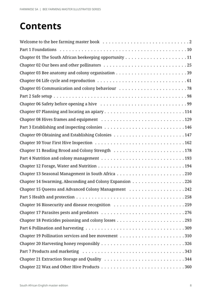 Bee Farming handbook sample page 8: contents and chapter topics