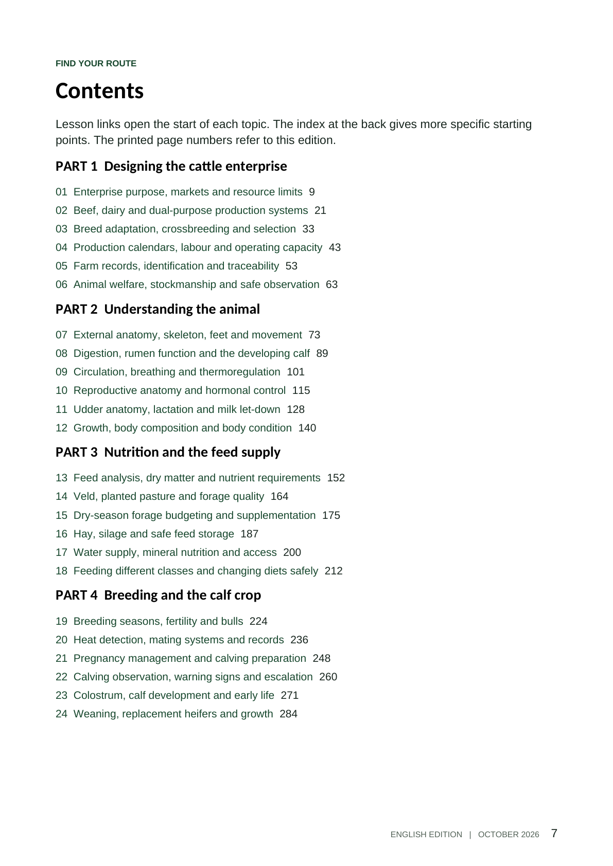 Cattle Farming handbook sample page 7: contents for enterprise, anatomy, feeding and breeding