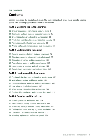 Cattle Farming handbook sample page 7: contents for enterprise, anatomy, feeding and breeding