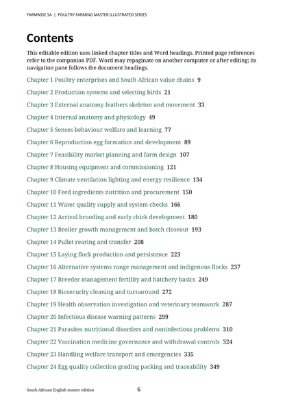 Poultry Farming handbook sample page 6: contents and chapter topics