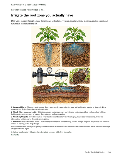 Vegetable Farming handbook sample page 156: drip irrigation wetting and root zone