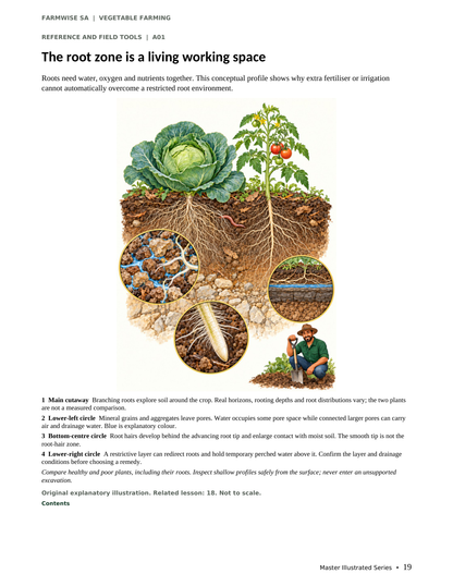 Vegetable Farming handbook sample page 19: illustrated root zone and soil structure