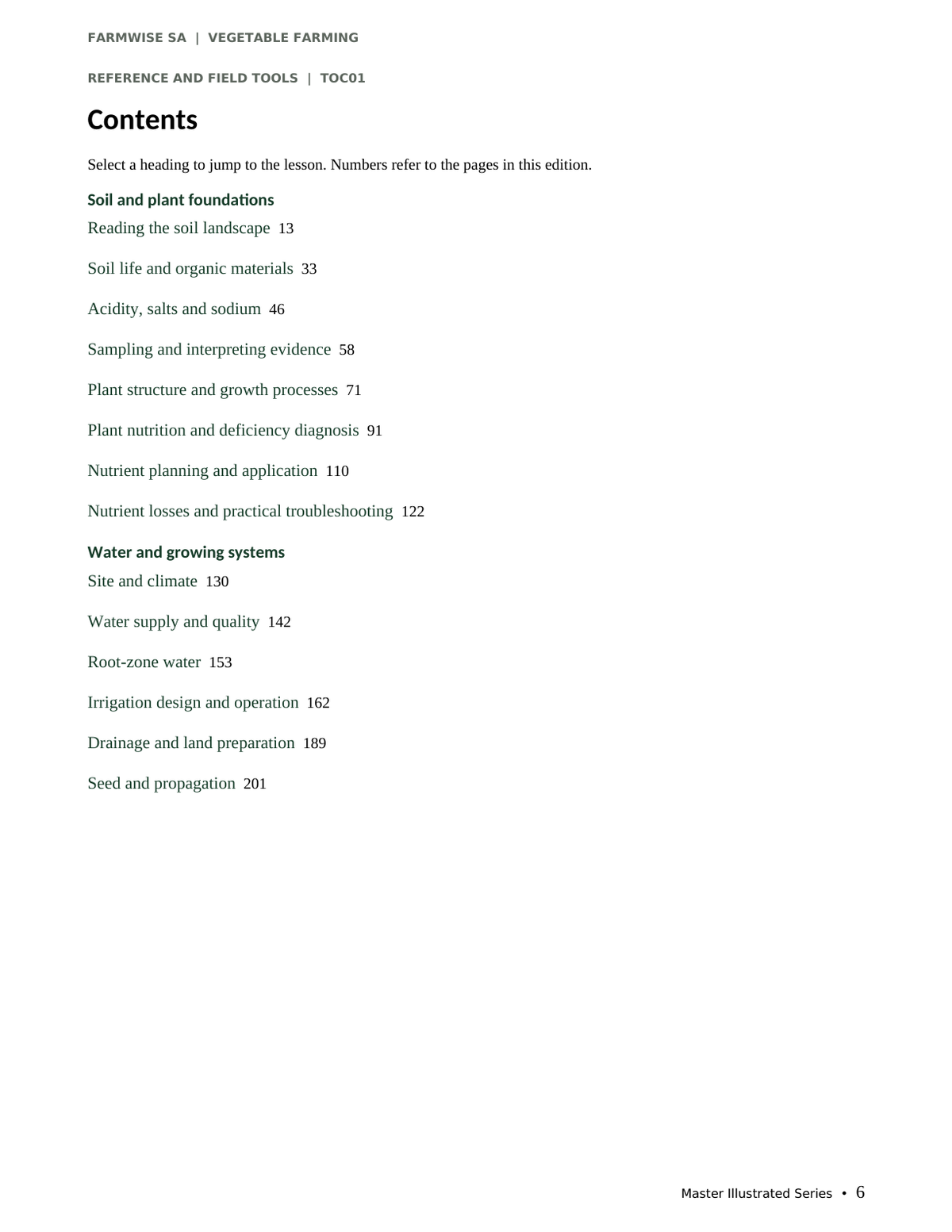 Vegetable Farming handbook sample page 6: soil, plant and water chapter contents
